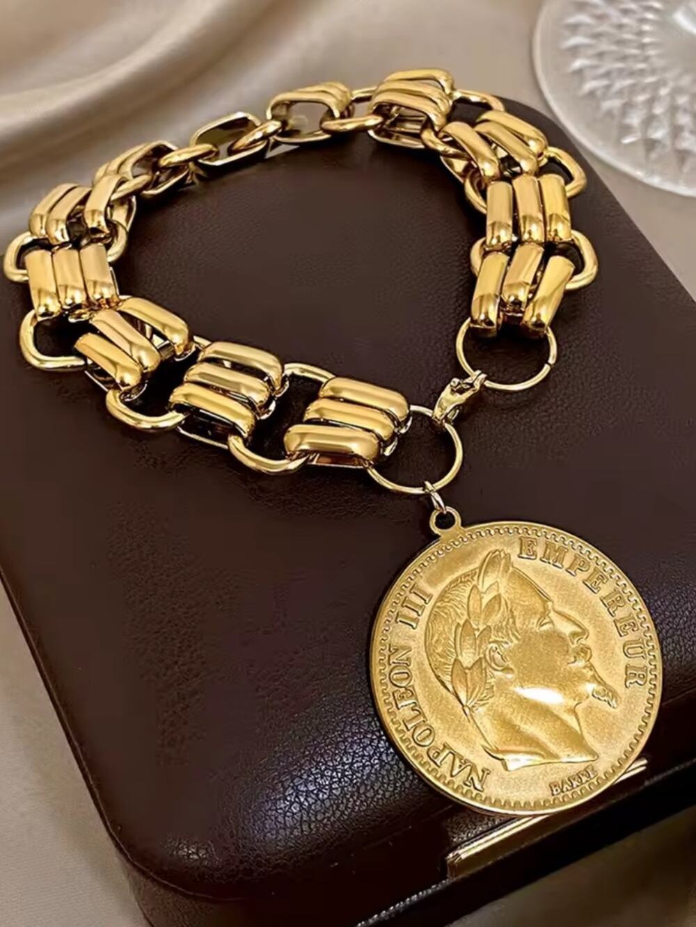 Gold Plated Napoleon Coin Bracelet Chain Link Roman Statement Stainless Steel